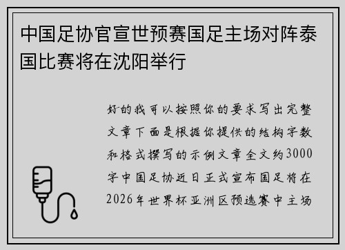 中国足协官宣世预赛国足主场对阵泰国比赛将在沈阳举行